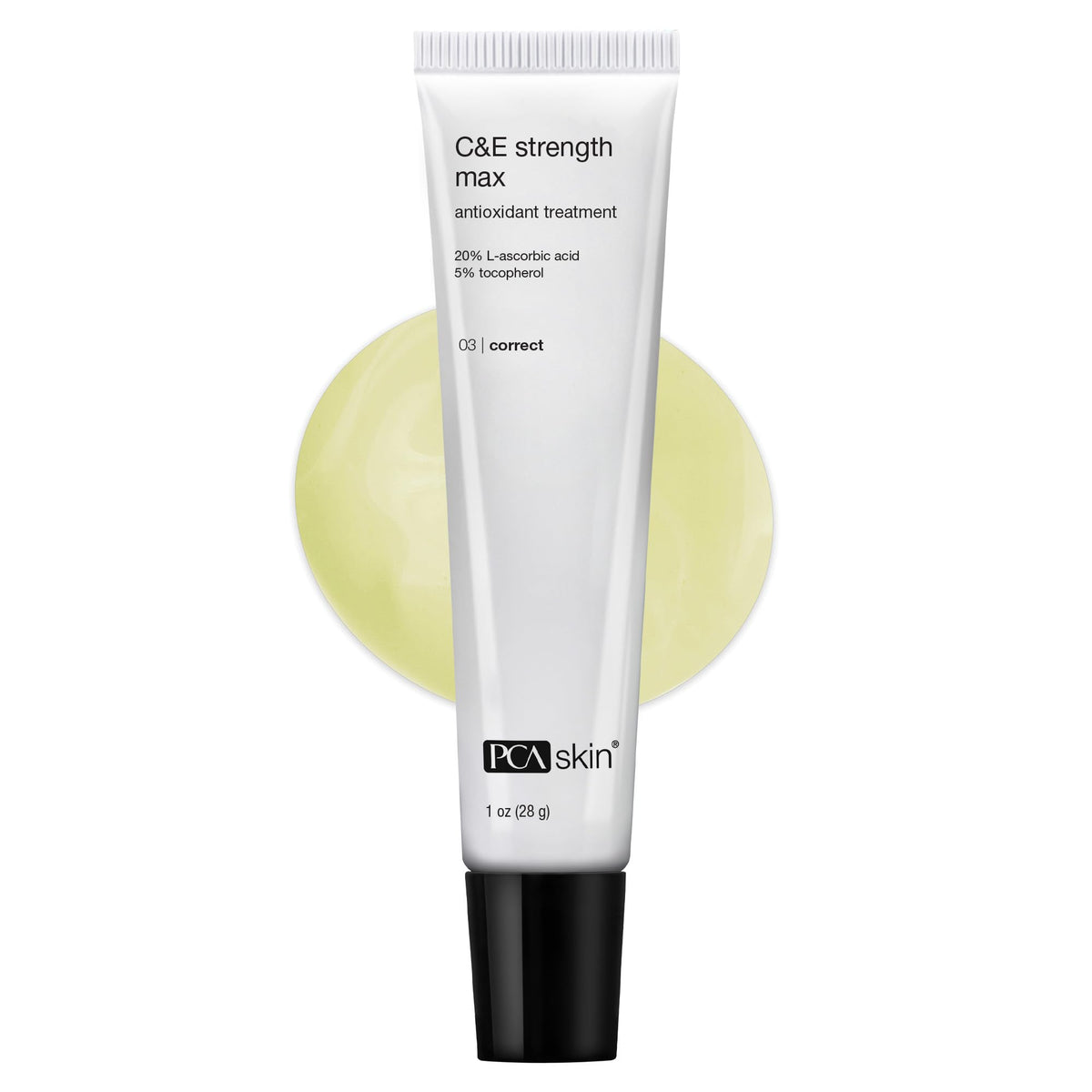 PCA SKIN Strength Max serum tube close-up highlighting vitamin C and E formula