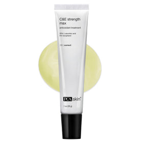 PCA SKIN Strength Max serum tube close-up highlighting vitamin C and E formula