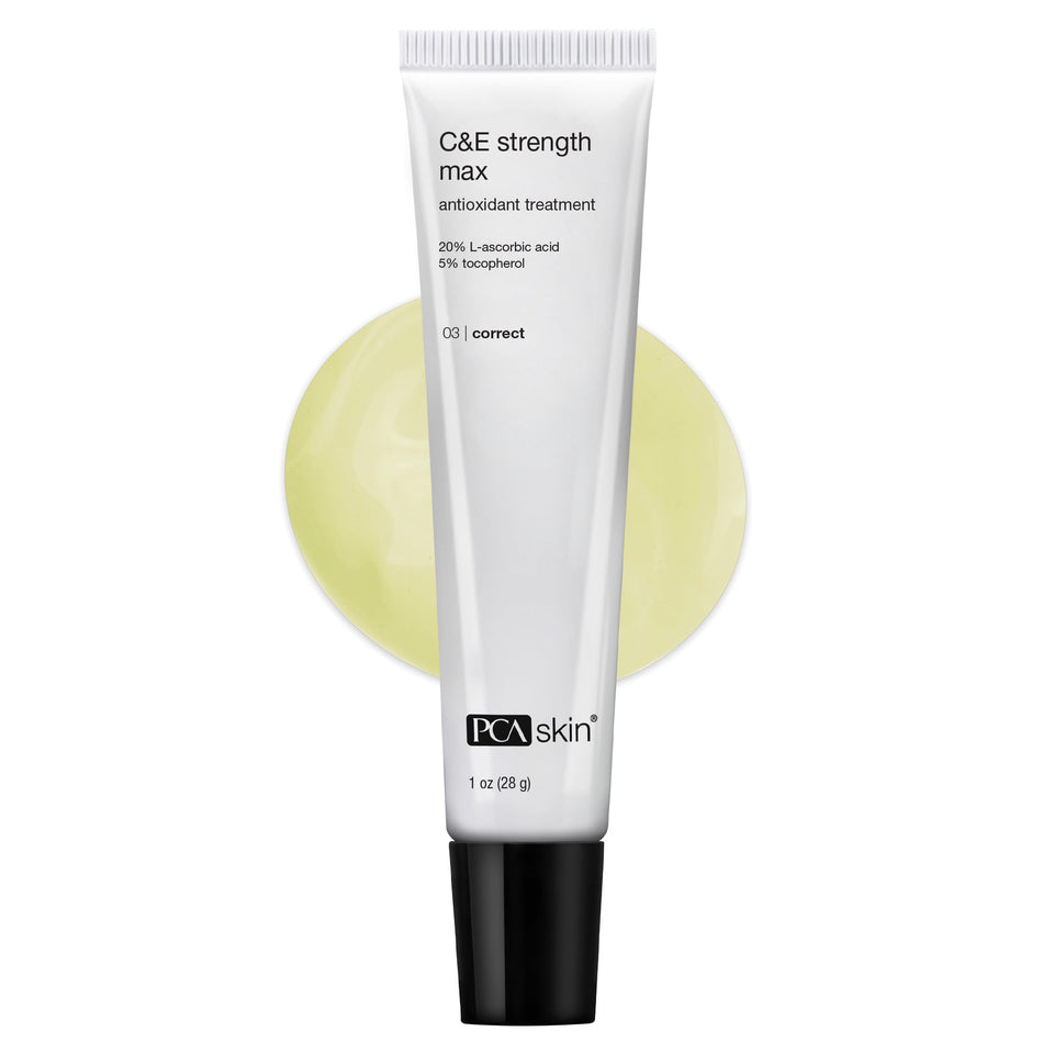 PCA SKIN Strength Max serum tube close-up highlighting vitamin C and E formula