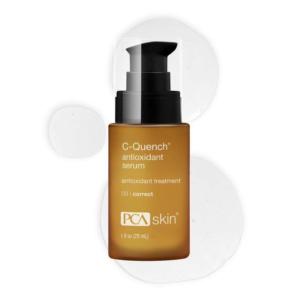 PCA Skin Vitamin C Quench serum bottle shows daily antioxidant protection.