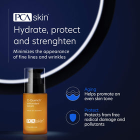 PCA Skin Vitamin C Quench serum label highlights ingredients for skin health.
