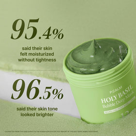 P.CALM Holy Basil Bubble Deep Mask transforms from clay to fluffy, carbonated bubbles for cleansing.