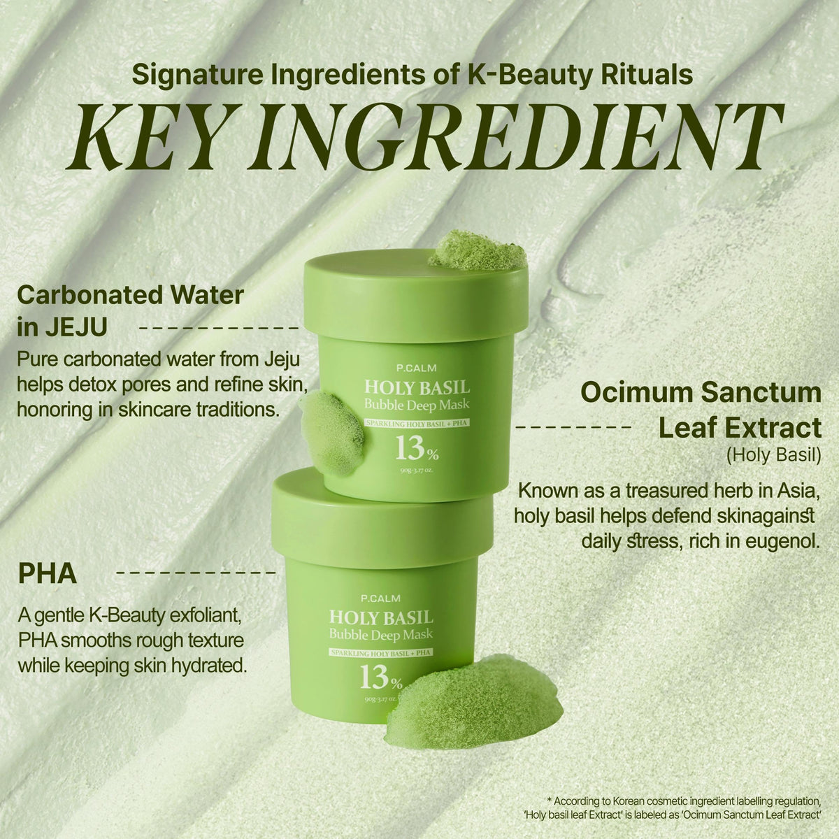 P.CALM Holy Basil Bubble Deep Mask foam close-up shows creamy bubbles.