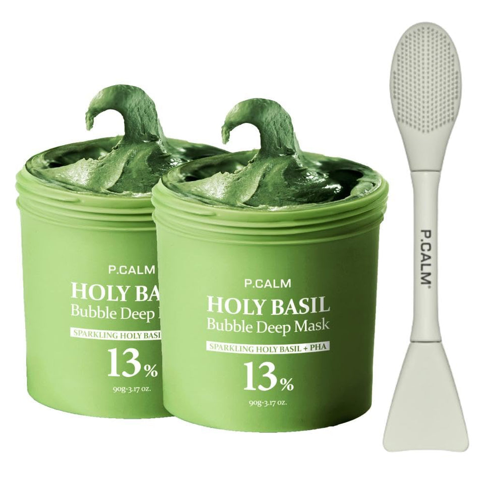P.CALM Holy Basil Bubble Deep Mask jar shows clay-to-bubble action for deep cleansing.