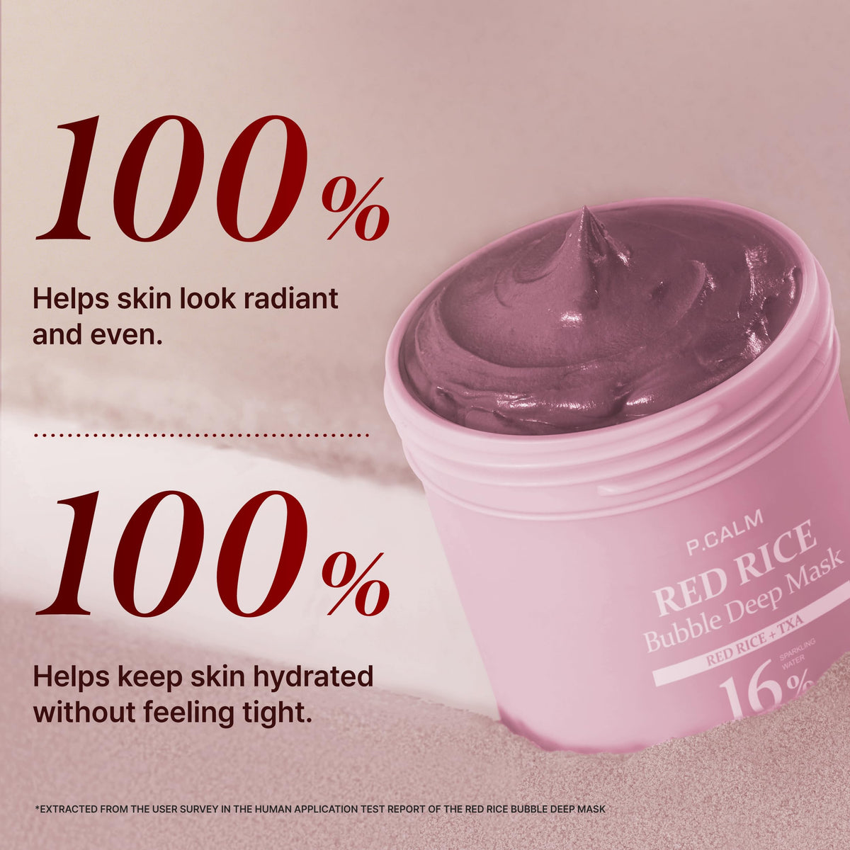 P.CALM Red Rice Bubble Deep Mask ingredient close-up highlighting red rice ferment for skin vitality.