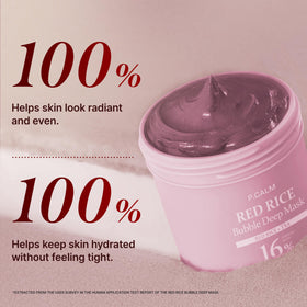 P.CALM Red Rice Bubble Deep Mask ingredient close-up highlighting red rice ferment for skin vitality.
