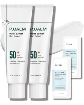 P.CALM Water Barrier Sunscreen bottle pour showing easy, hydrating coverage.