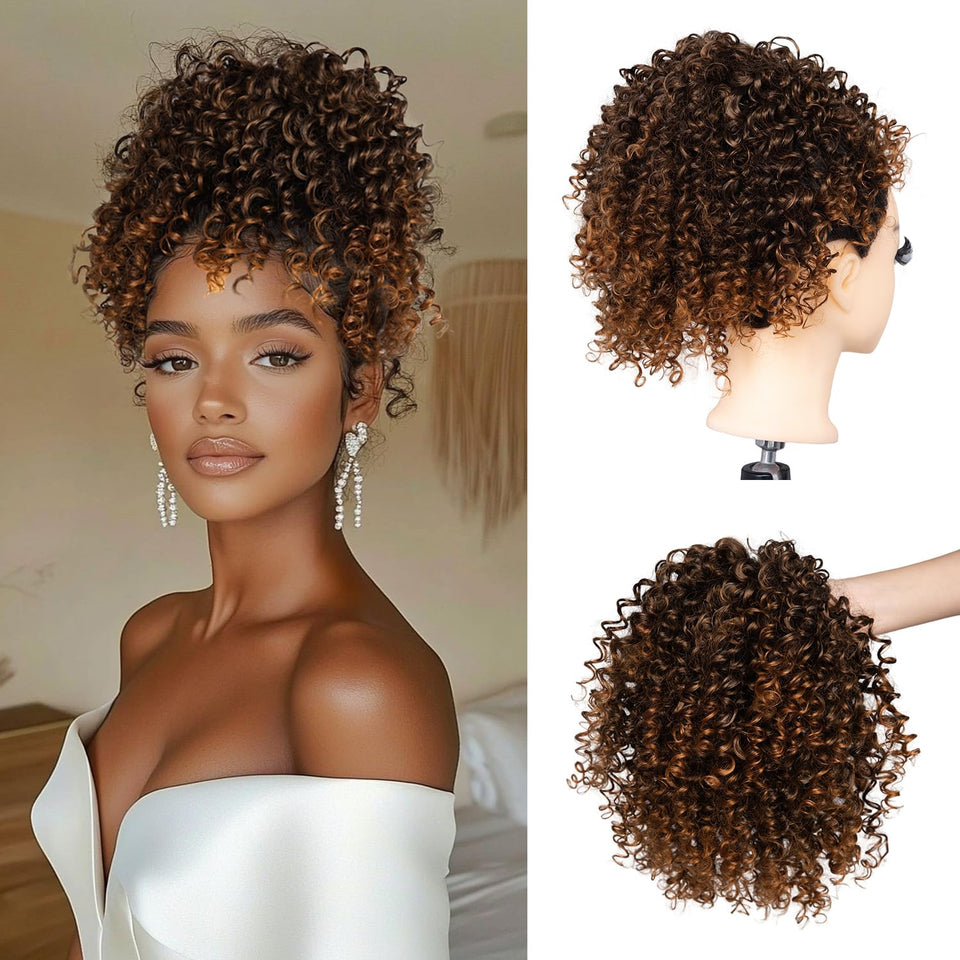 Pcololin short kinky curly brown drawstring ponytail close-up showing natural texture