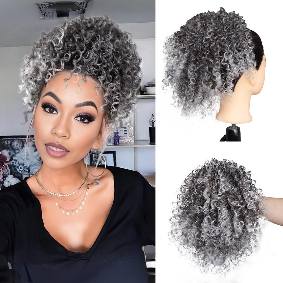 Pcololin short kinky curly grey drawstring ponytail adds instant length and texture for a natural look.