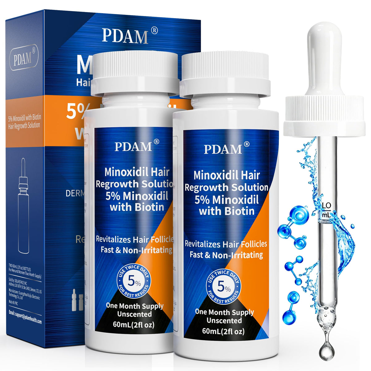 Pdam minoxidil serum bottle showcases bold label and easy dosing for targeted hair regrowth.