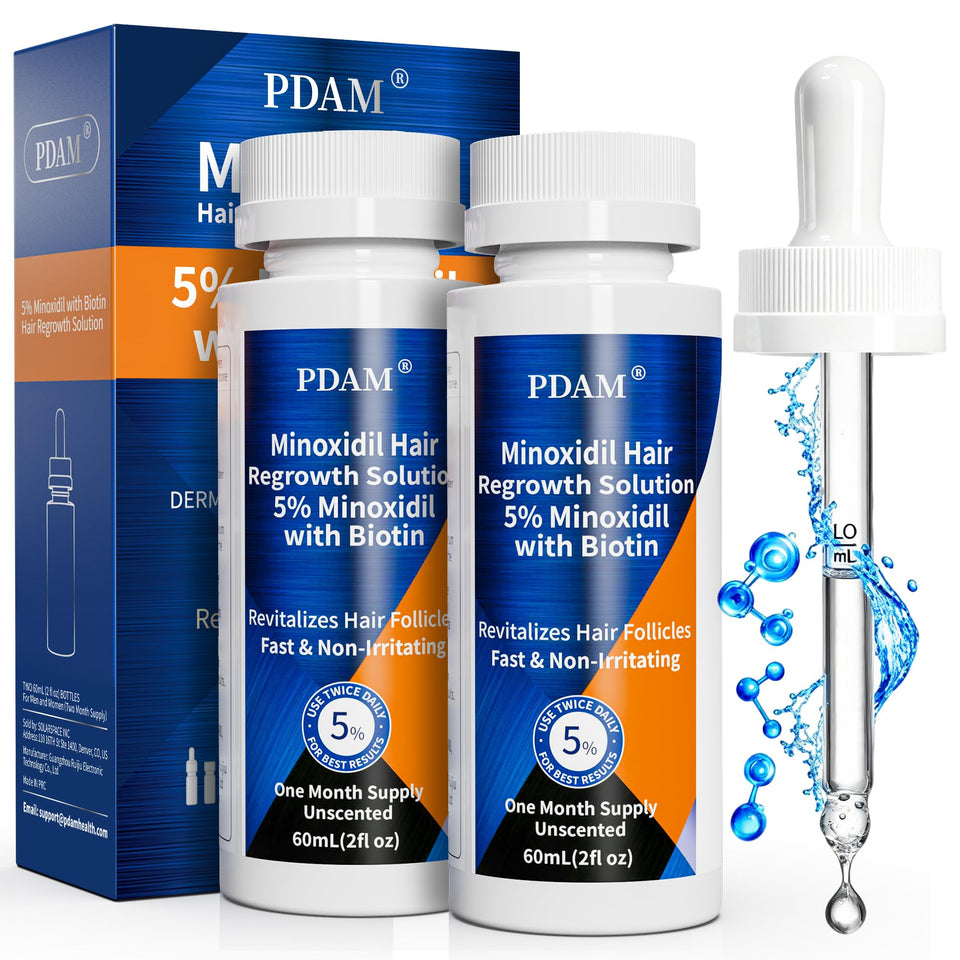 Pdam minoxidil serum bottle showcases bold label and easy dosing for targeted hair regrowth.