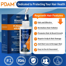 Pdam minoxidil serum droplet-dispense for precise application on scalp.