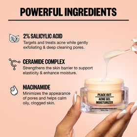 PEACE OUT Acne Gel Moisturizer application-routine shows quick-absorb steps.