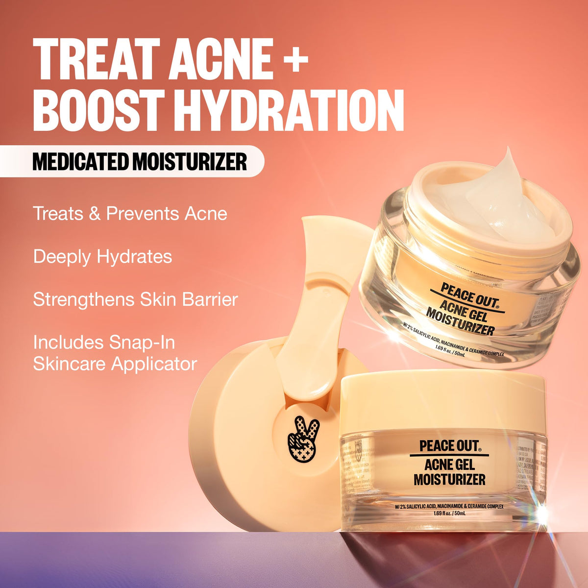 PEACE OUT Acne Gel Moisturizer niacinamide-ceramides close-up supports skin barrier.
