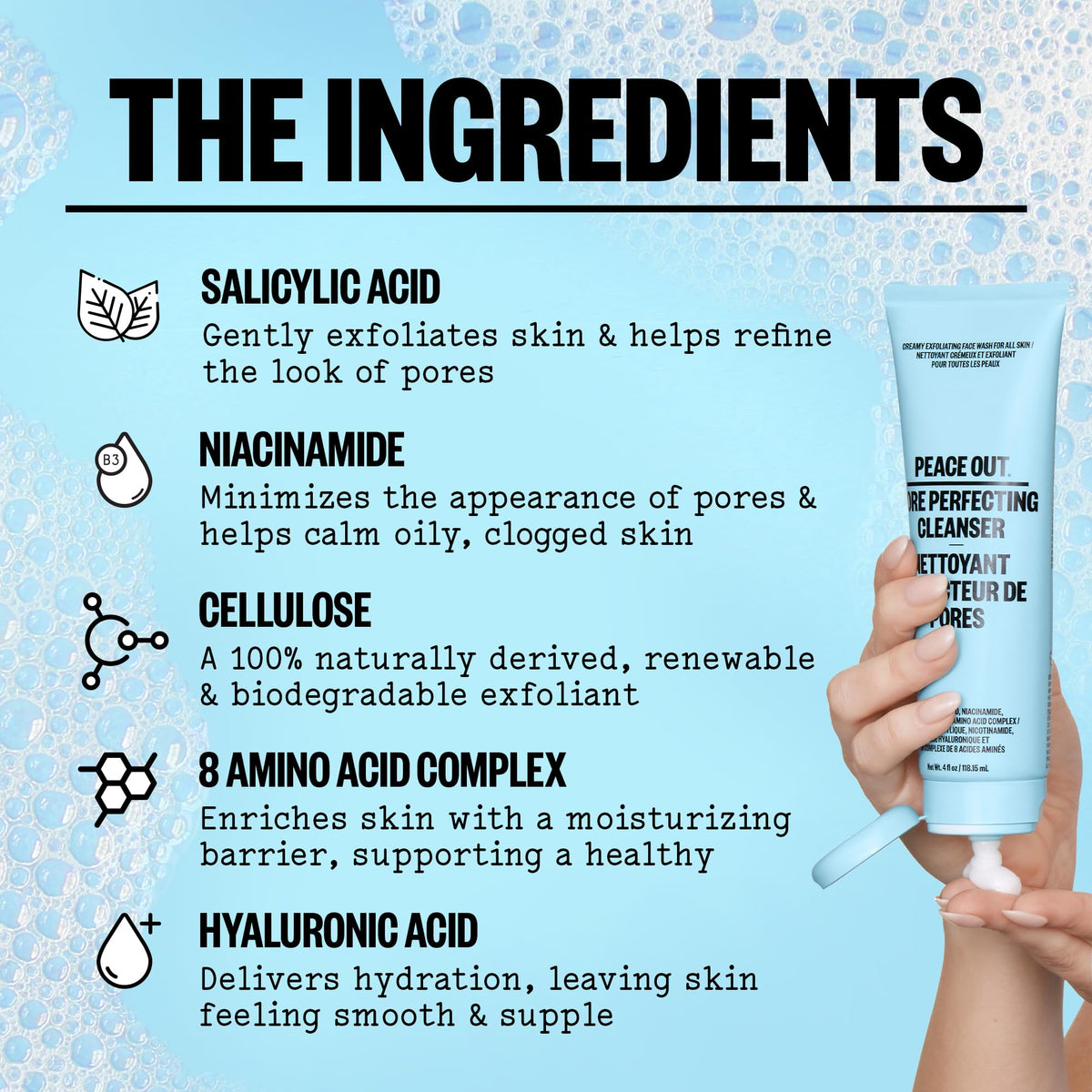 Peace Out Pore Perfecting Cleanser texture close-up shows gentle exfoliation