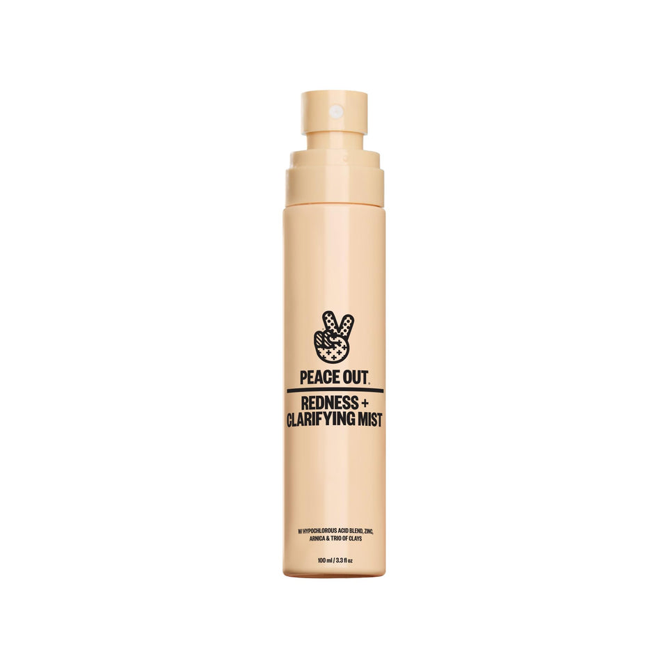PEACE OUT Redness + Clarifying Mist bottle for easy on-the-go skin refresh.