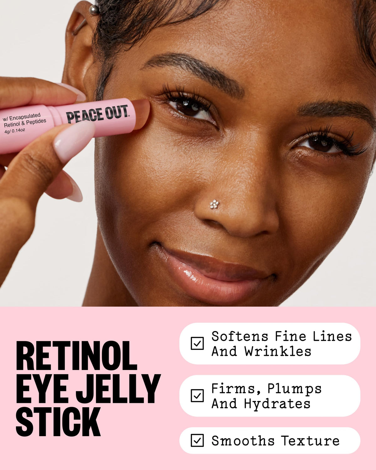 Peace Out Retinol Eye Jelly Stick close-up reveals smooth gel texture for gentle hydration