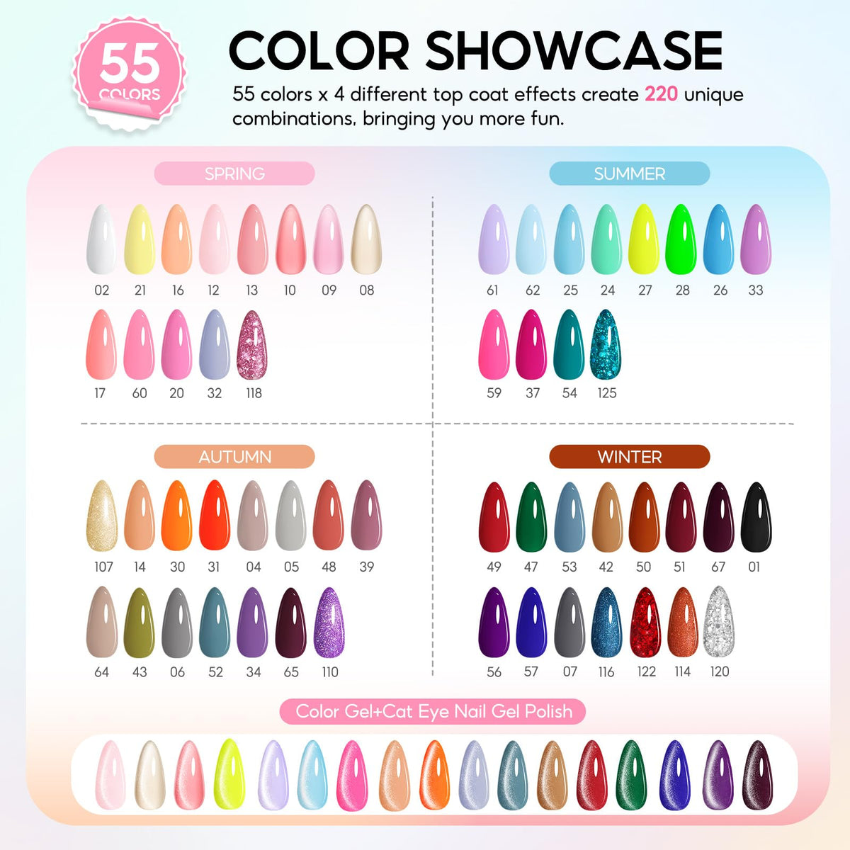 PEACECOLOR 55-color gel polish set for diverse nail art possibilities.
