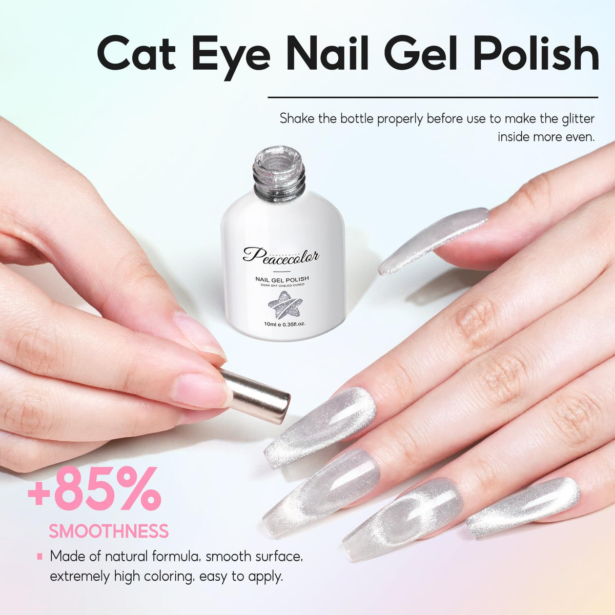 PEACECOLOR glitter top coat adds sparkle to designs.