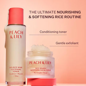 Peach & Lily Bio Rice Wine Toner routine application shot suggests easy daily use.