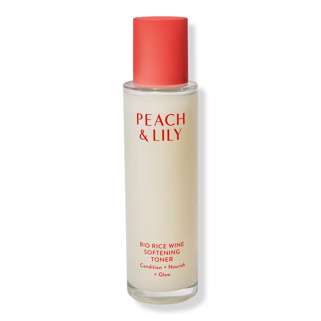 Peach & Lily Bio Rice Wine Toner bottle pour highlights silky hydration.