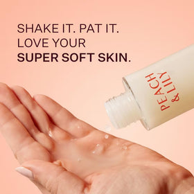 Peach & Lily Bio Rice Wine Toner hydration droplets illustrate moisture delivery on skin.
