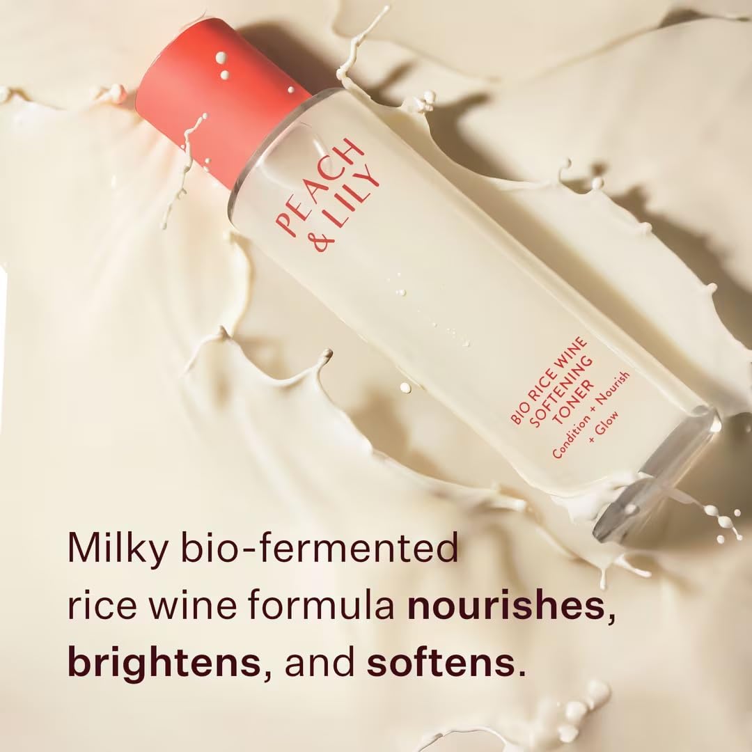 Peach & Lily Bio Rice Wine Toner milky texture closeup demonstrates soothing hydration.
