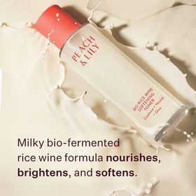 Peach & Lily Bio Rice Wine Toner milky texture closeup demonstrates soothing hydration.