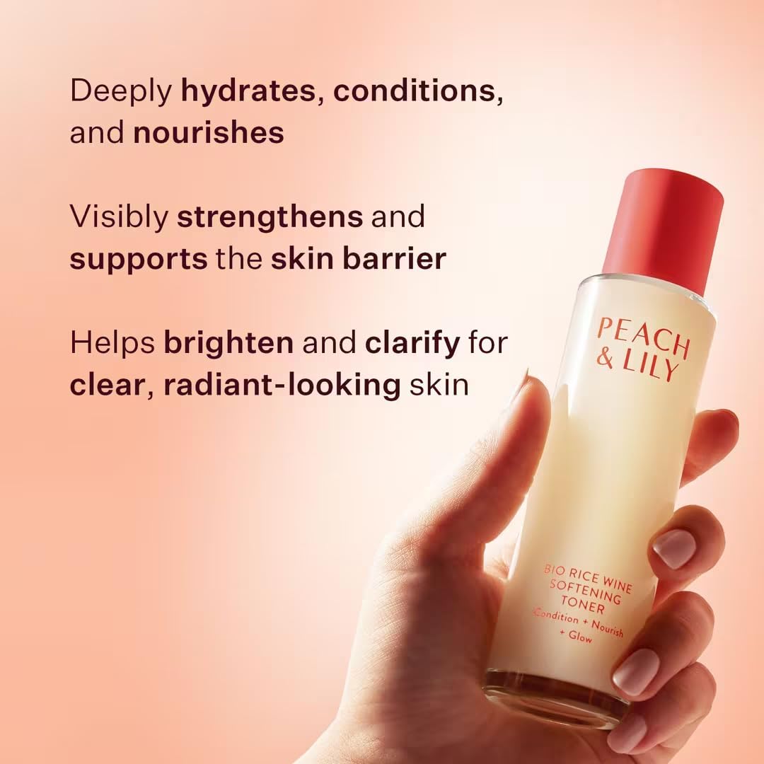 Peach & Lily Bio Rice Wine Toner bottle packaging on display communicates premium skincare.