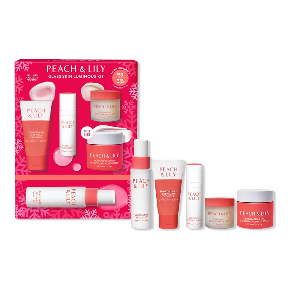 Peach & Lily Glass Skin Luminous Kit packaging for a festive glow and gift appeal