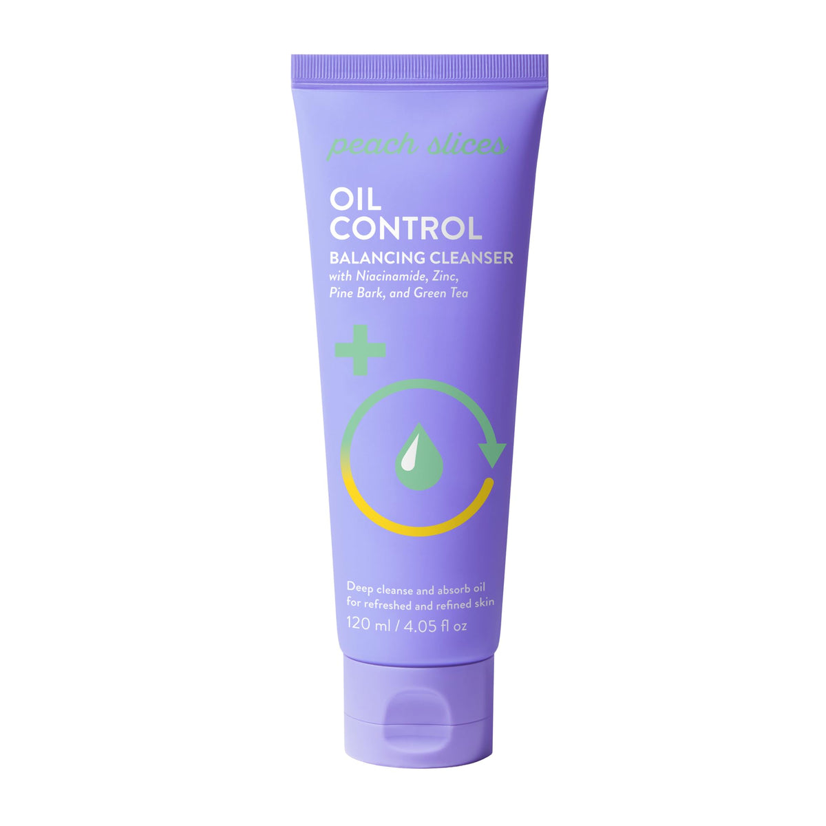 Peach Slices oil-control balancing cleanser bottle showing shine-control action for oily skin.