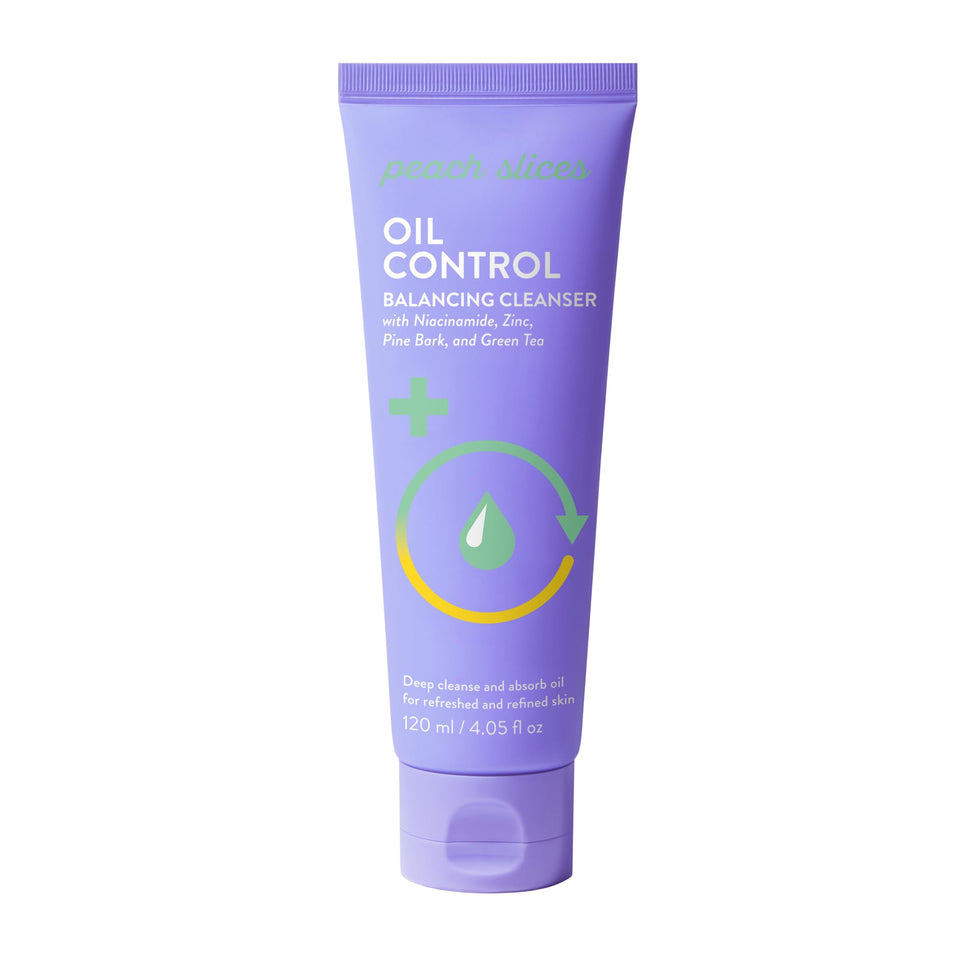 Peach Slices oil-control balancing cleanser bottle showing shine-control action for oily skin.
