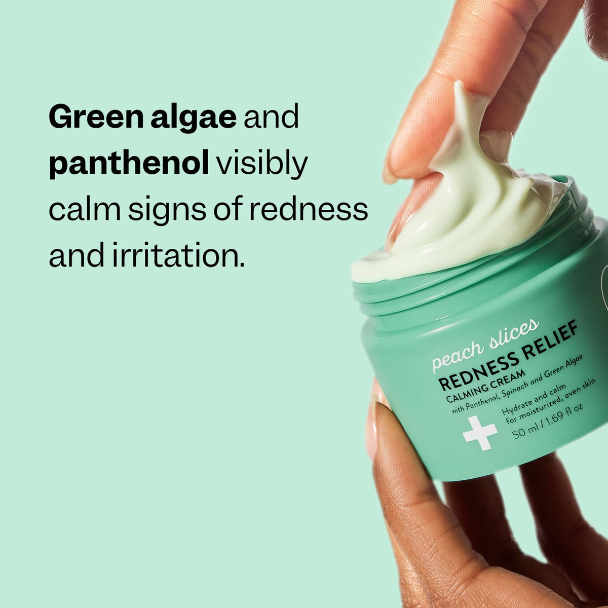 Peach Slices redness relief cream in use; helps even skin tone over time.
