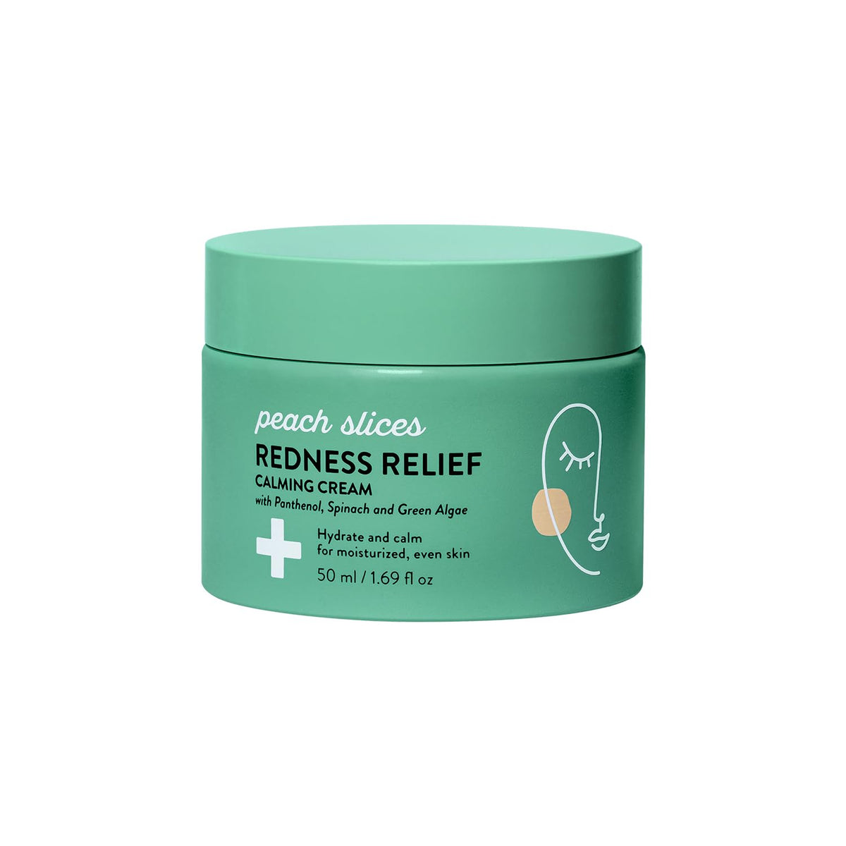 Peach Slices redness relief cream jar front; calms redness for smoother-looking skin.