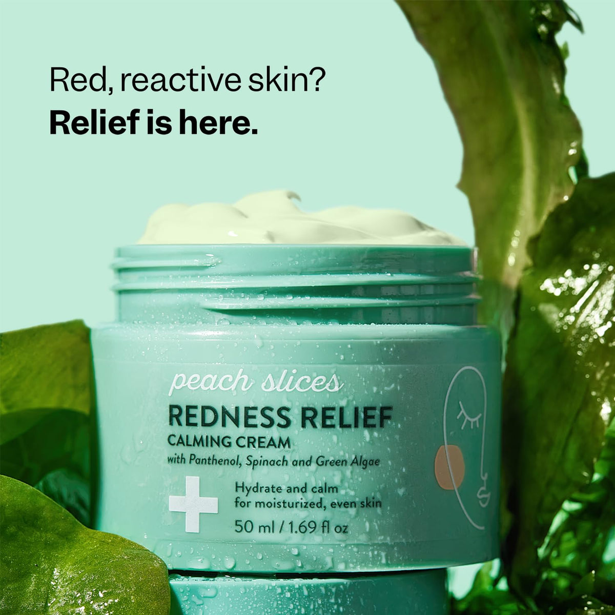 Peach Slices redness relief cream texture close-up; silky, fast-absorbing hydration.
