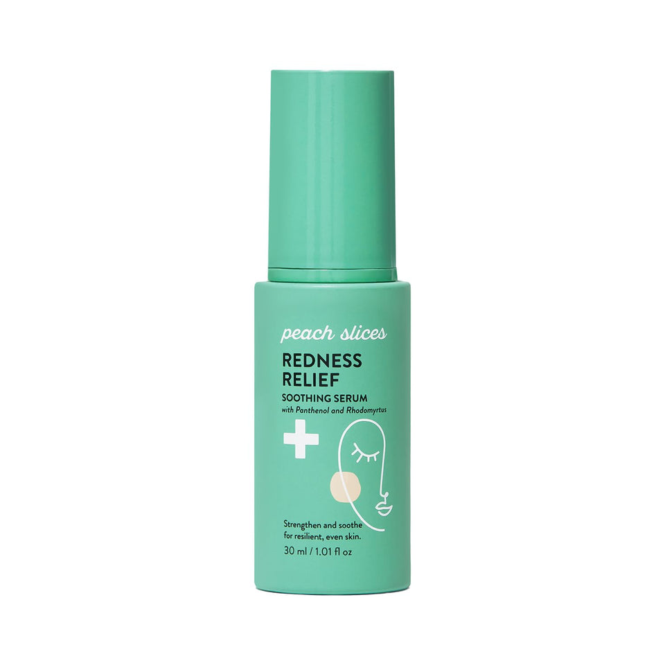 Peach Slices redness relief serum bottle showing calming action for irritated skin.