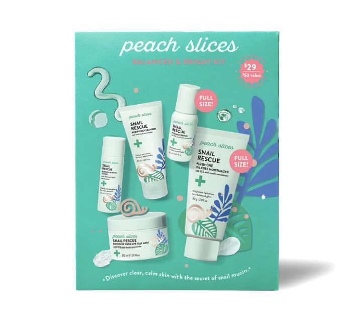 Peach Slices Snail Rescue Balanced & Bright Kit showing complete routine for glowing, balanced skin