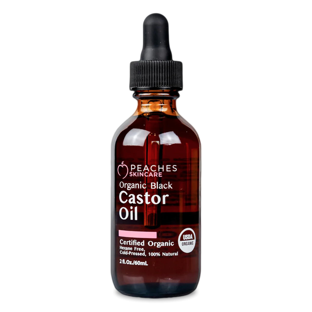 Peaches Skin Care black castor oil bottle highlighting skin hydration.