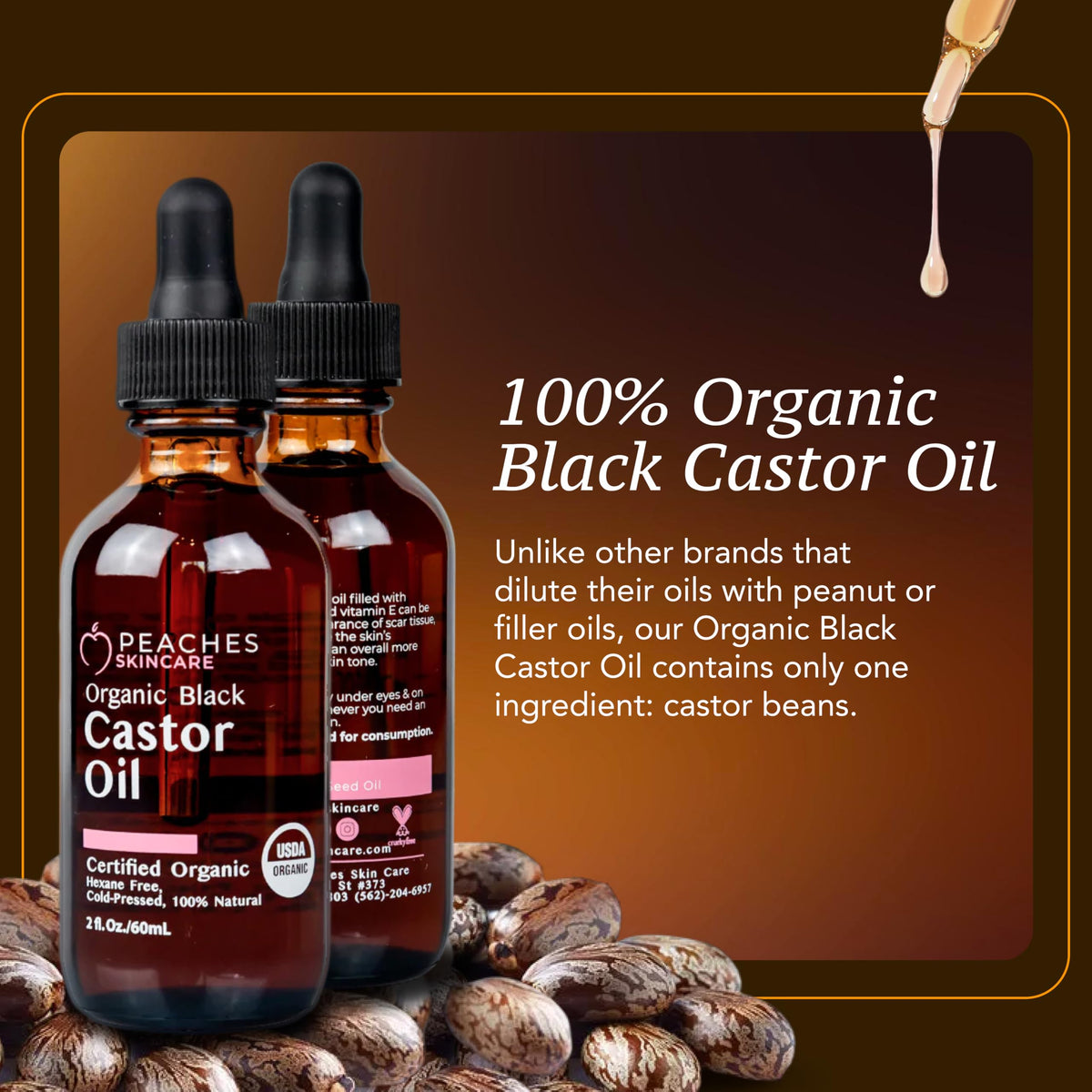 Peaches Skin Care cold-pressed oil pour emphasizes purity and routine use.