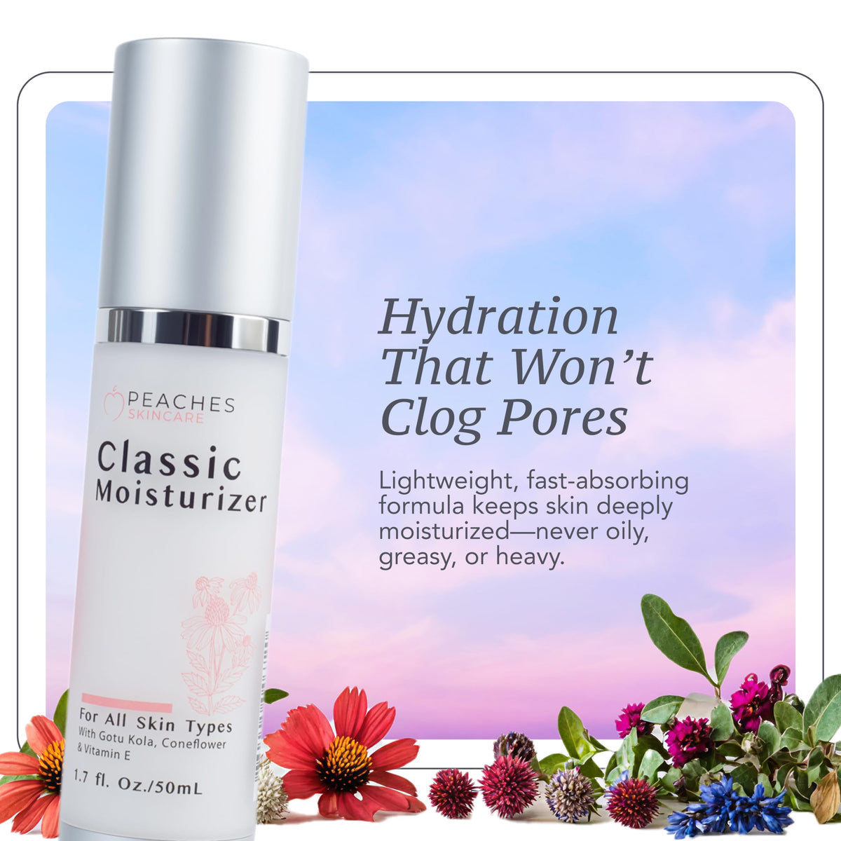Peaches Skin Care cream texture closeup showing lightweight formula for all skin types