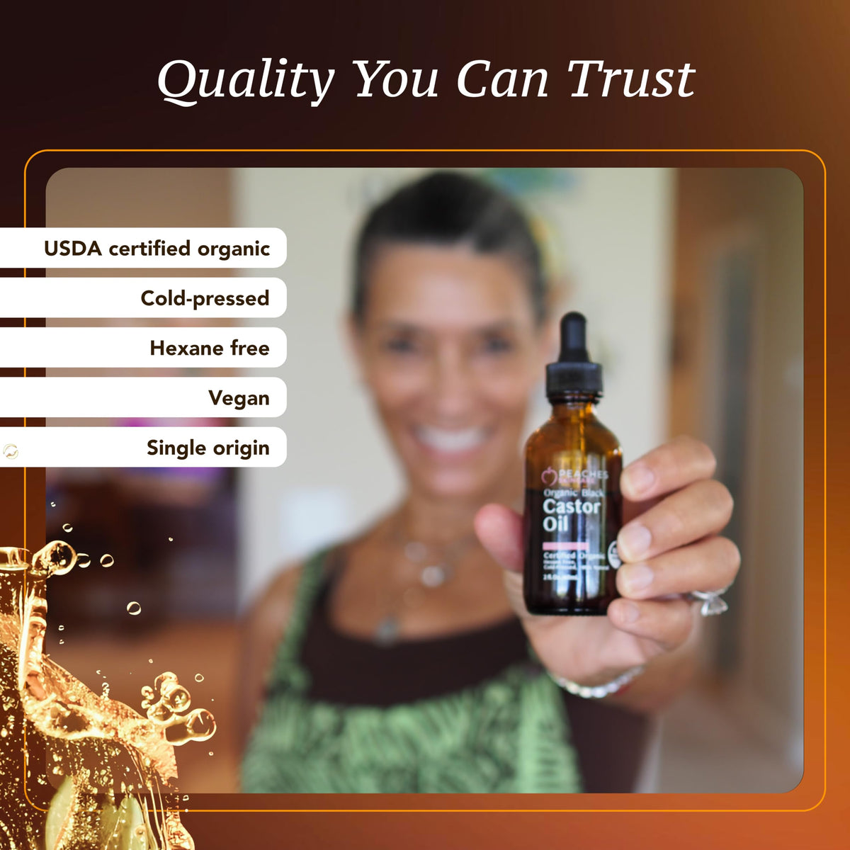 Peaches Skin Care cruelty-free vegan oil packaging communicates ethical, clean skincare.