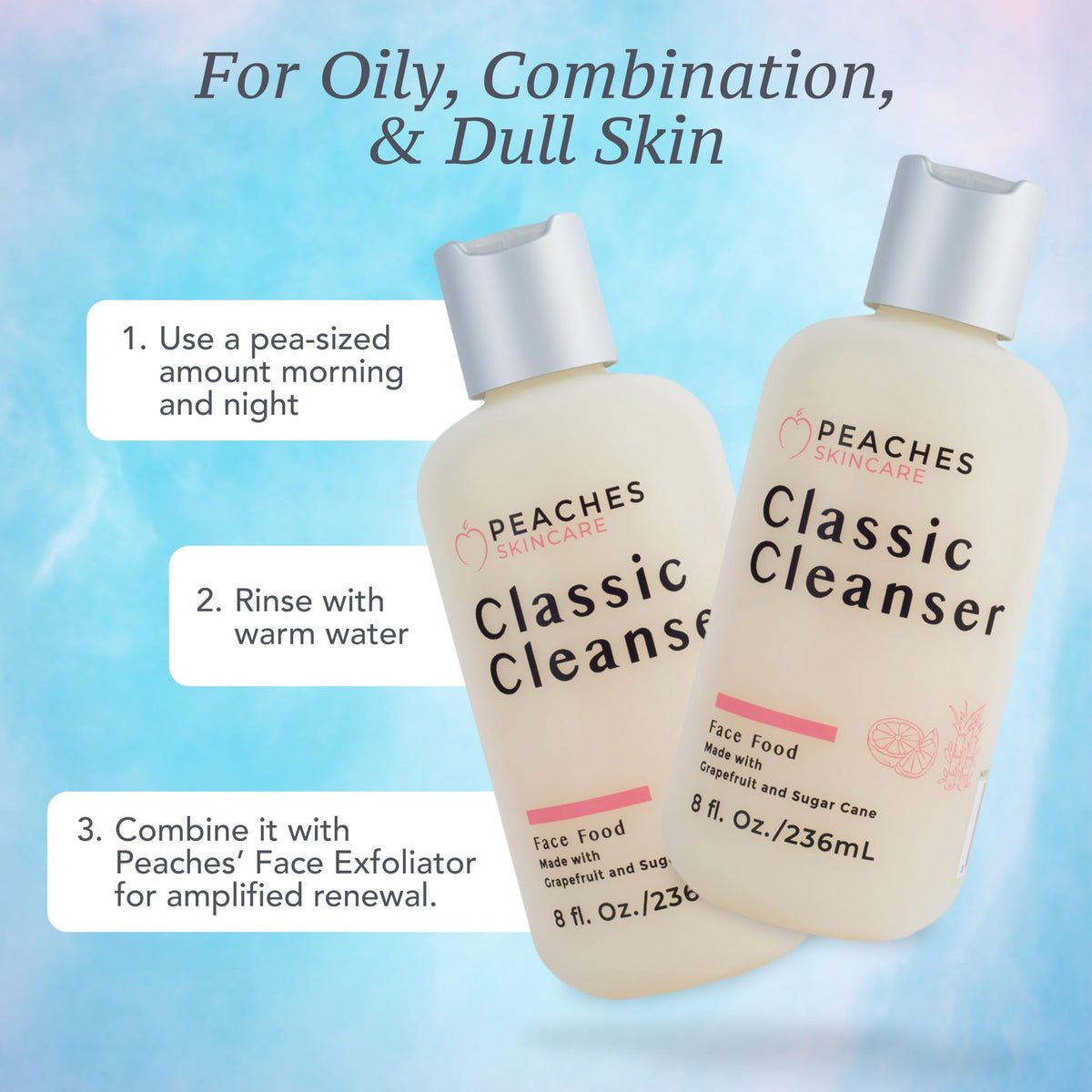 Peaches Skin Care Hydrating Cleanser gotu kola—botanical addition for a balanced cleansing experience.
