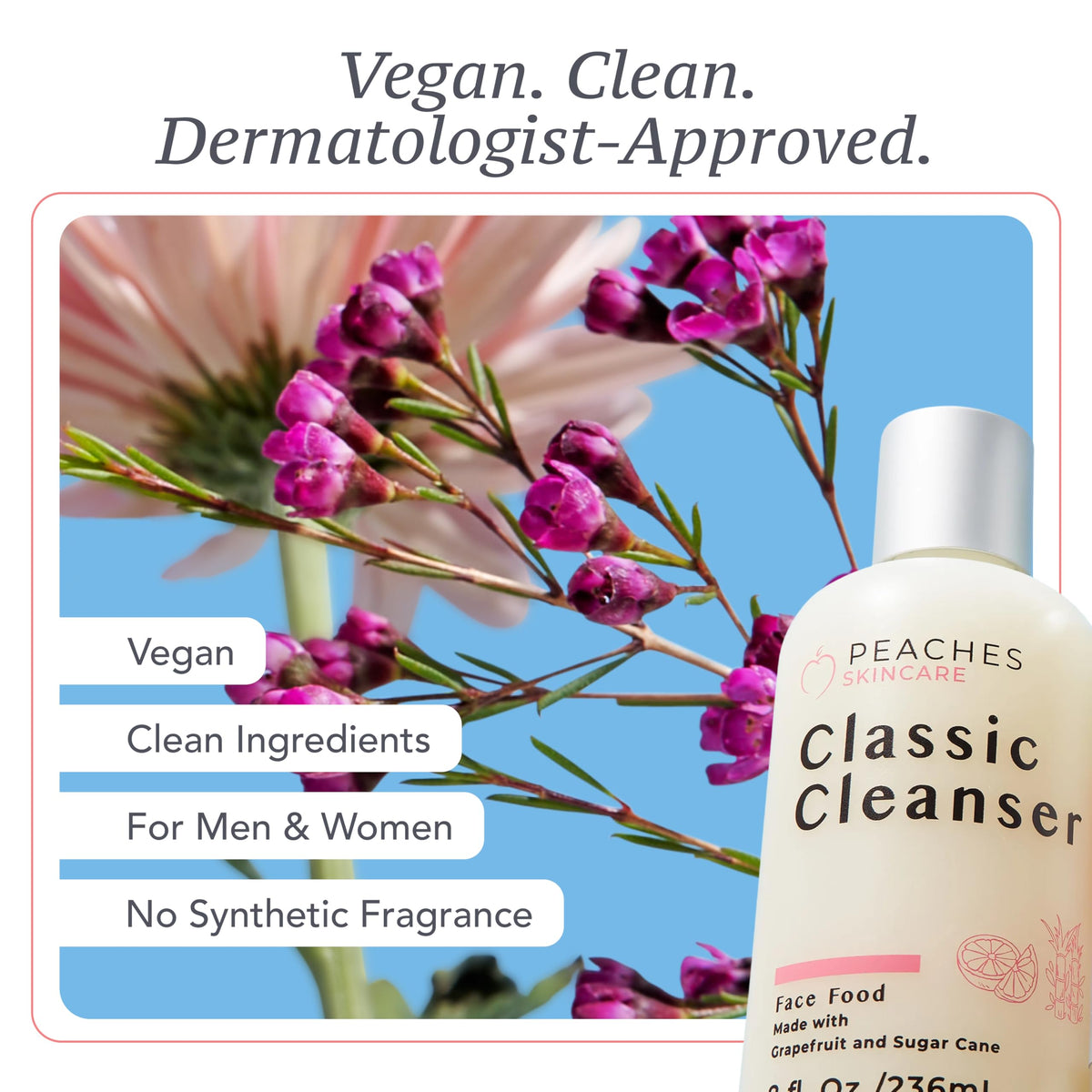 Peaches Skin Care Hydrating Cleanser packaging—travel-friendly bottle that fits into any routine.
