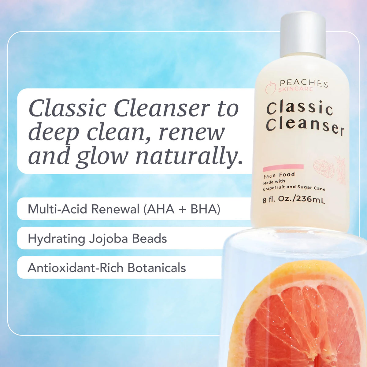 Peaches Skin Care Hydrating Cleanser pour—texture reveals a smooth rinse for refreshed skin.