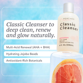 Peaches Skin Care Hydrating Cleanser pour—texture reveals a smooth rinse for refreshed skin.