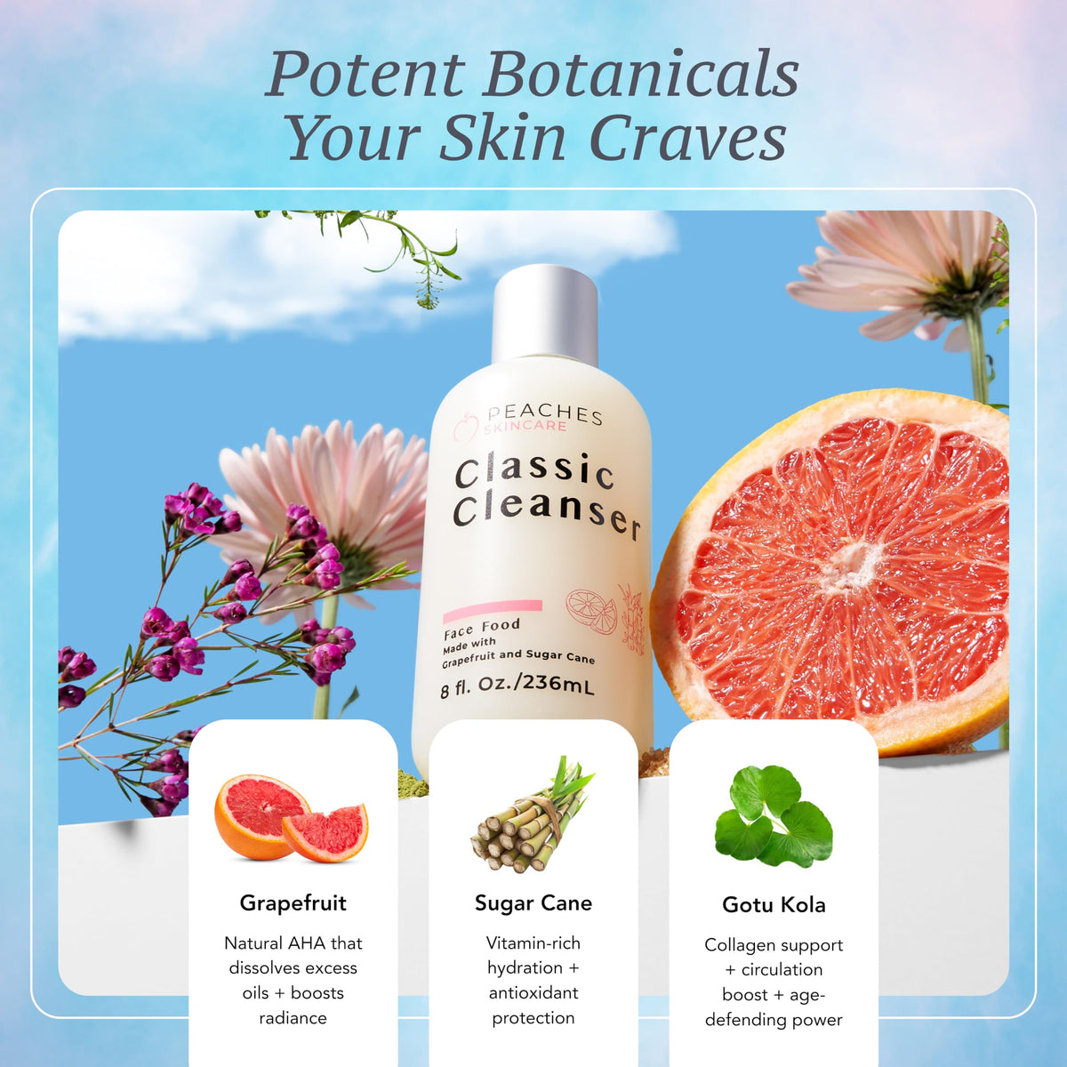 Peaches Skin Care Hydrating Cleanser texture-foamy—soft microbeads provide gentle polishing during cleanse.
