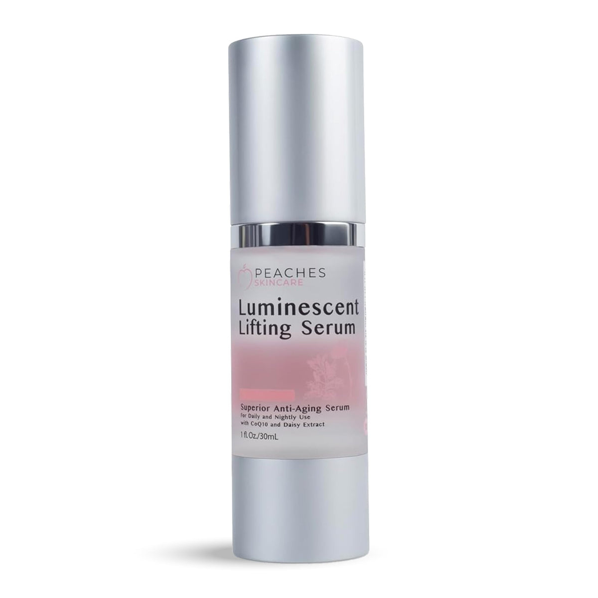 Peaches Skin Care Luminescent Lifting Serum bottle close-up for a radiant complexion