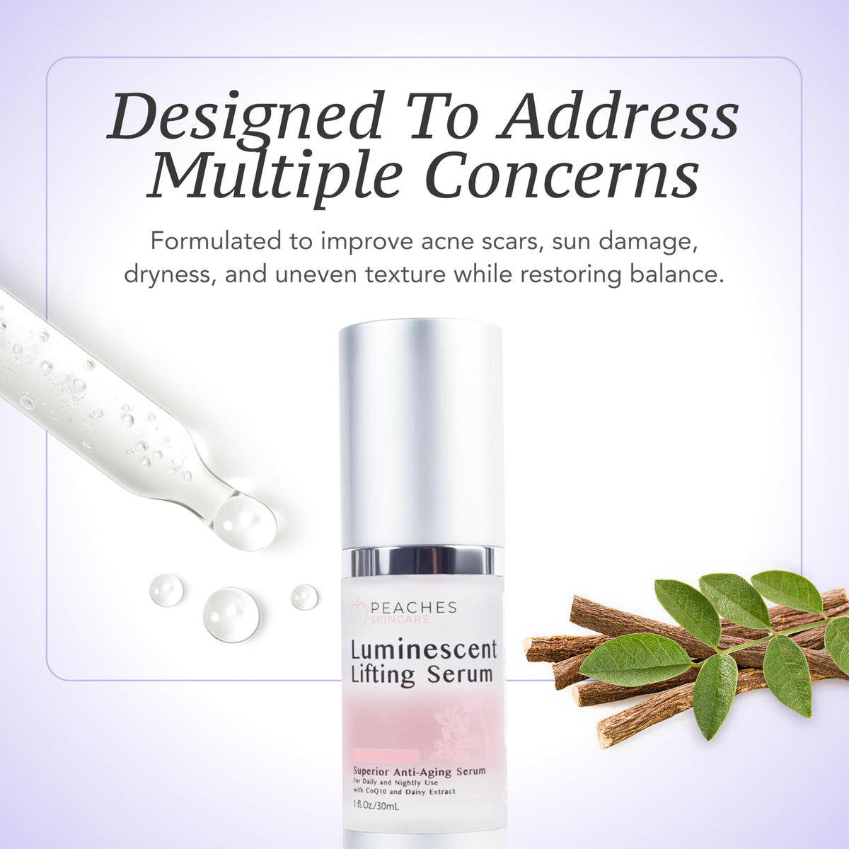 Peaches Skin Care Luminescent Lifting Serum on clean skin during routine