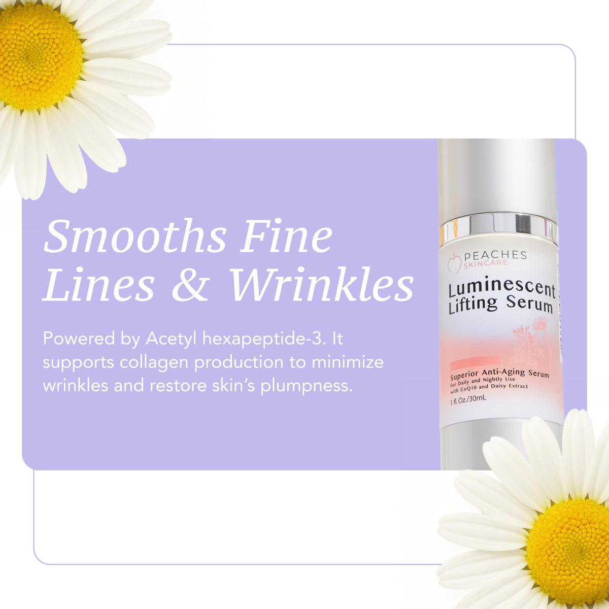 Peaches Skin Care Luminescent Lifting Serum swirled on hand shows smooth texture