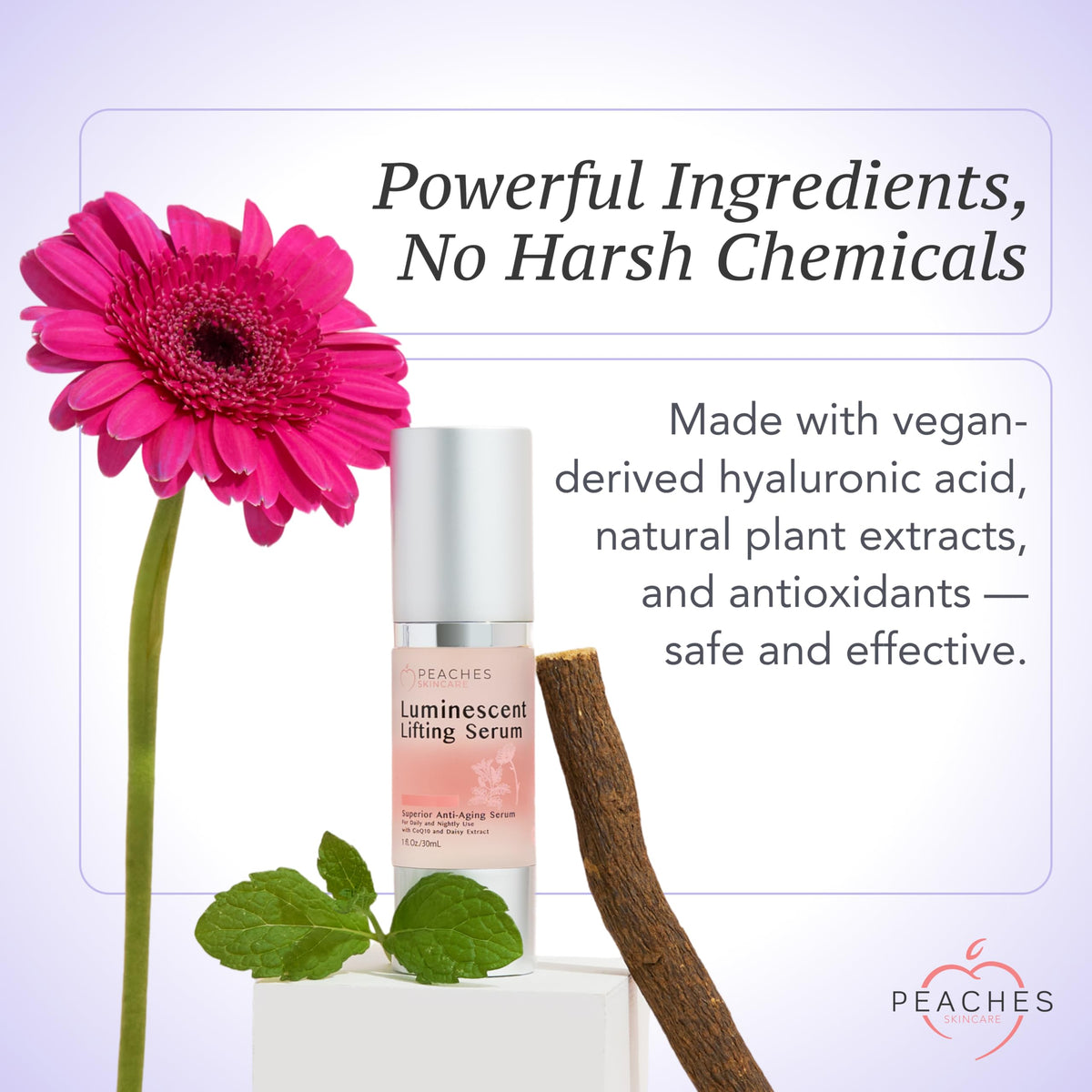 Peaches Skin Care Luminescent Lifting Serum vitamin complex label close-up